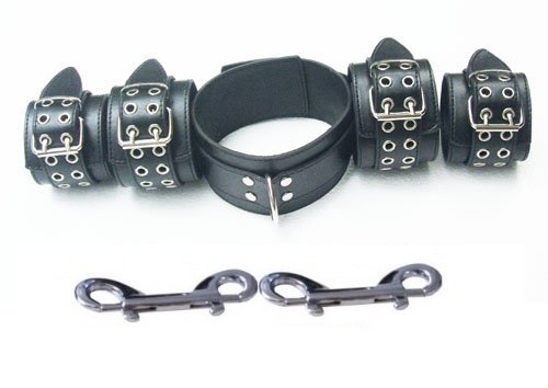 5 teiliges Leder-Fesselset, Halsband, Fußfesseln und Handfesseln+ 2 Doppel Karabiner
